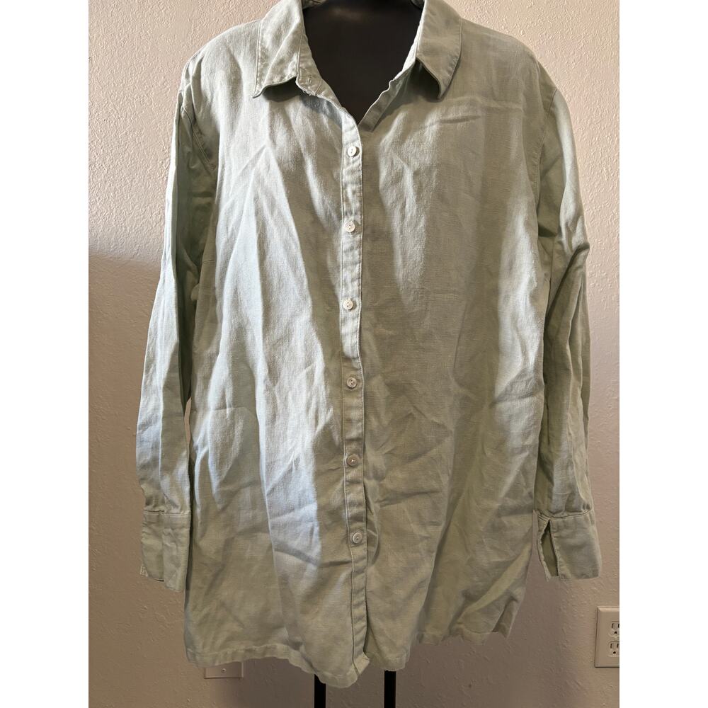 Linden Hill Pure Linen Top Blouse Shirt Womens Size Large L Green Casual Coastal